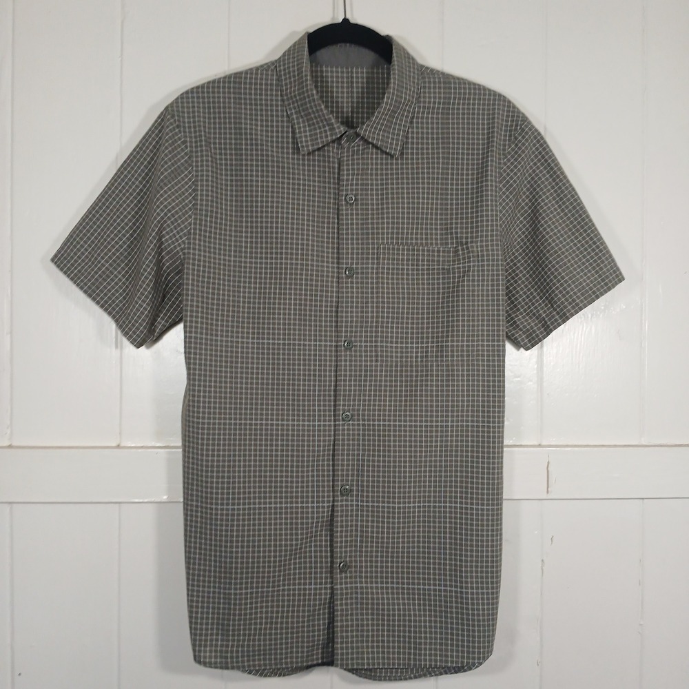 Lululemon Button Down Shirt Mens M Olive Green Micro Grid Check Short Sleeve